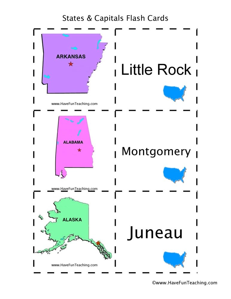 50 states capitals flash cards printable