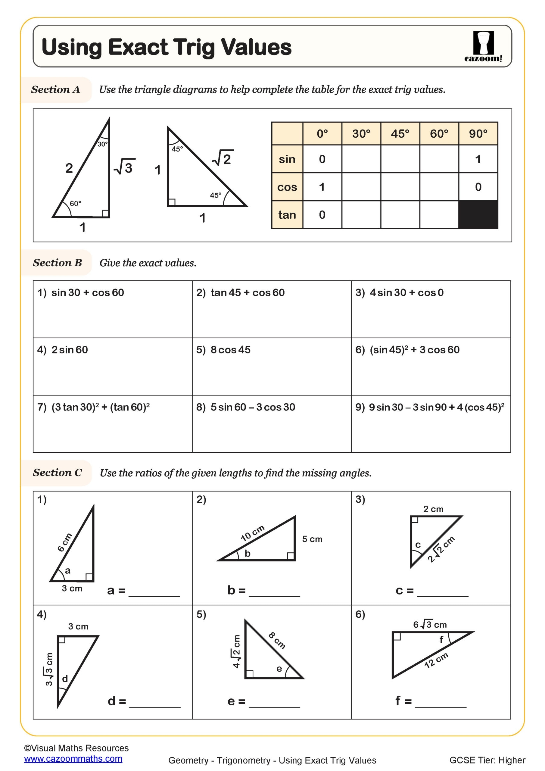 sin cos tan worksheet