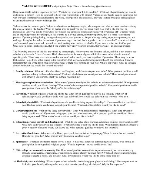 VALUES WORKSHEET adapted From Kelly Wilsons ACT Mindfully 