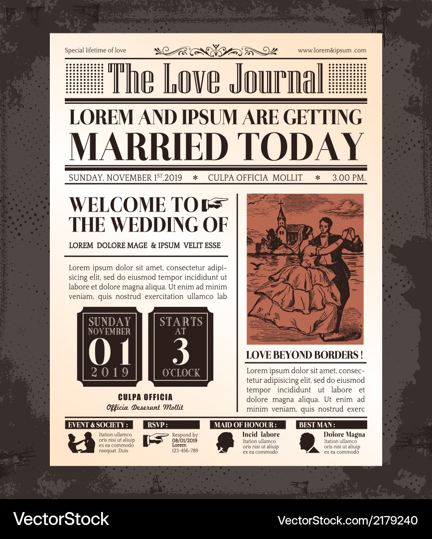 Vintage Newspaper Wedding Invitation Template Vector Image