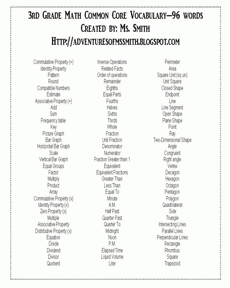 3rd grade math vocabulary flash cards printable