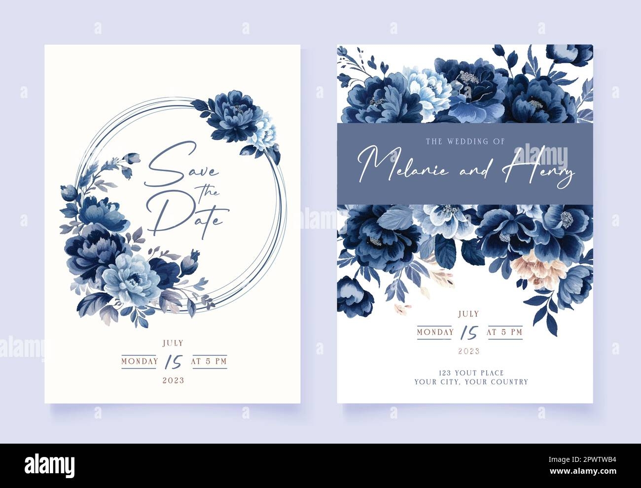 Watercolor Navy Blue Floral Wedding Invitation Cards Template Stock 