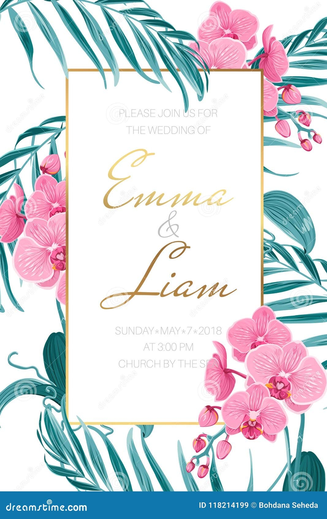 Wedding Invitation Template Orchid Tropical Leaves Stock Vector 