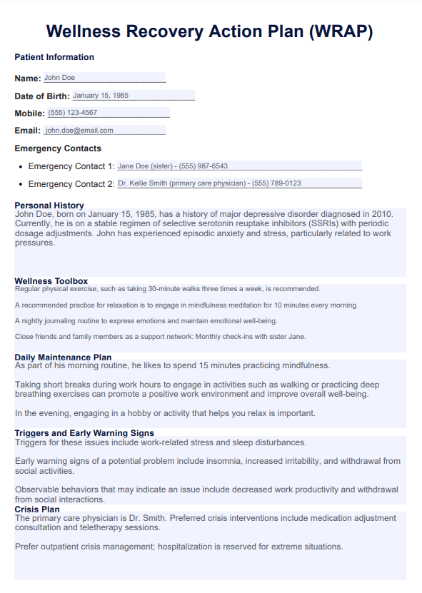 Wellness Recovery Action Plan Template Example Free PDF Download 