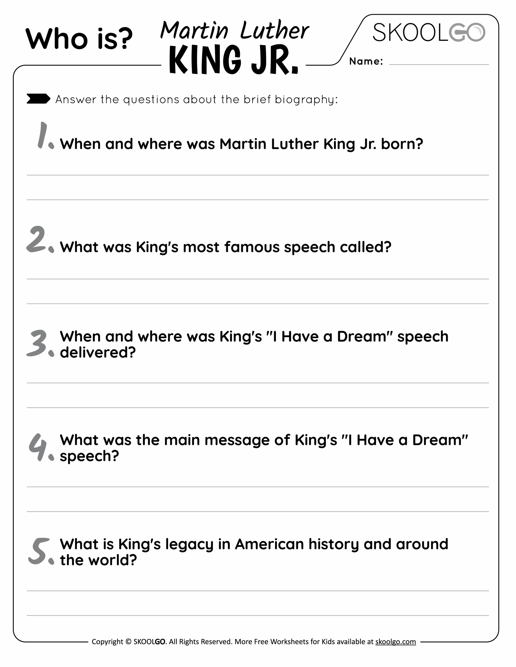 Who Is Martin Luther King Jr Free Worksheet SKOOLGO Worksheets 