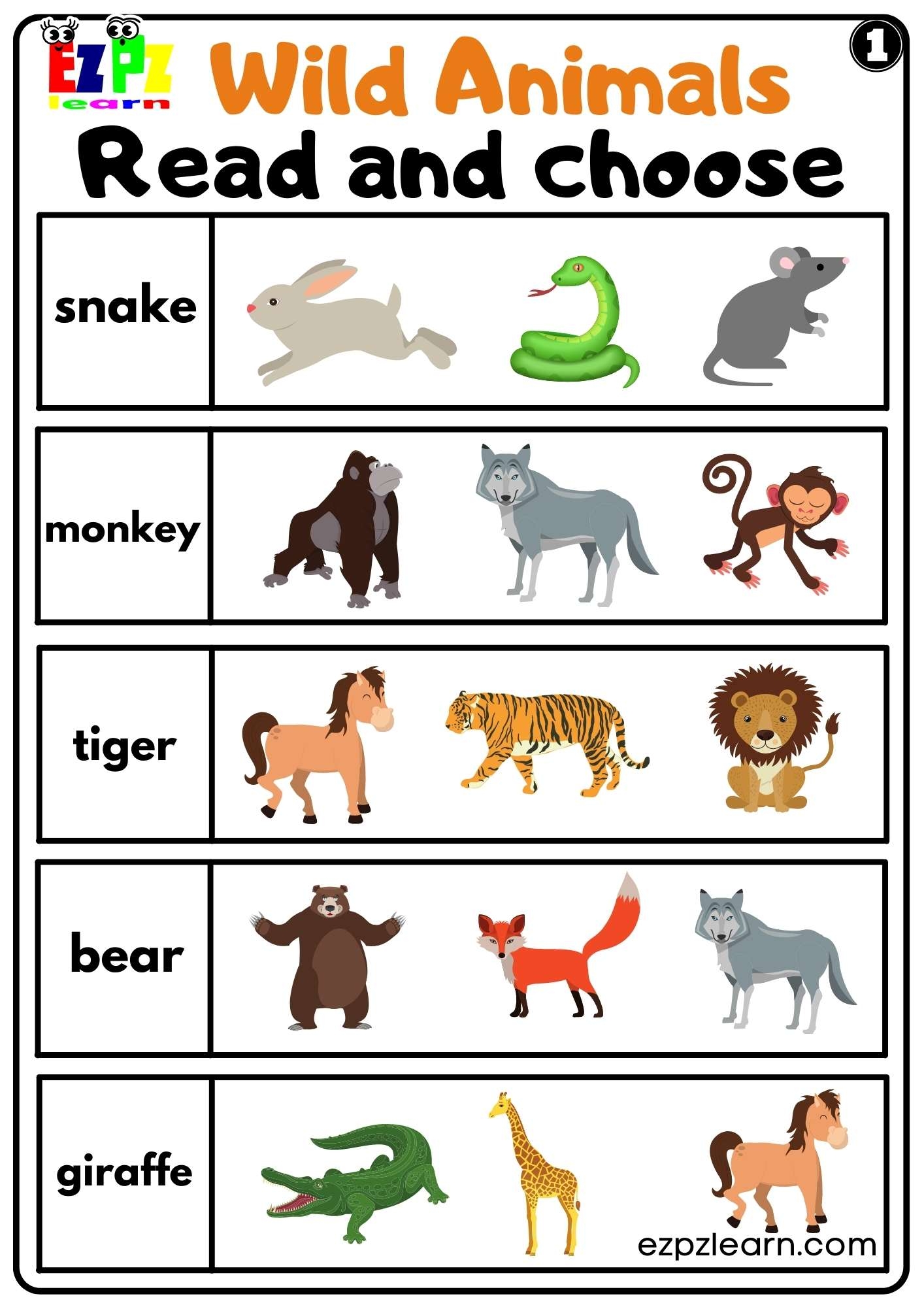 Wild Animals Read And Choose Set 1 For Kids And ESL PDF Download 