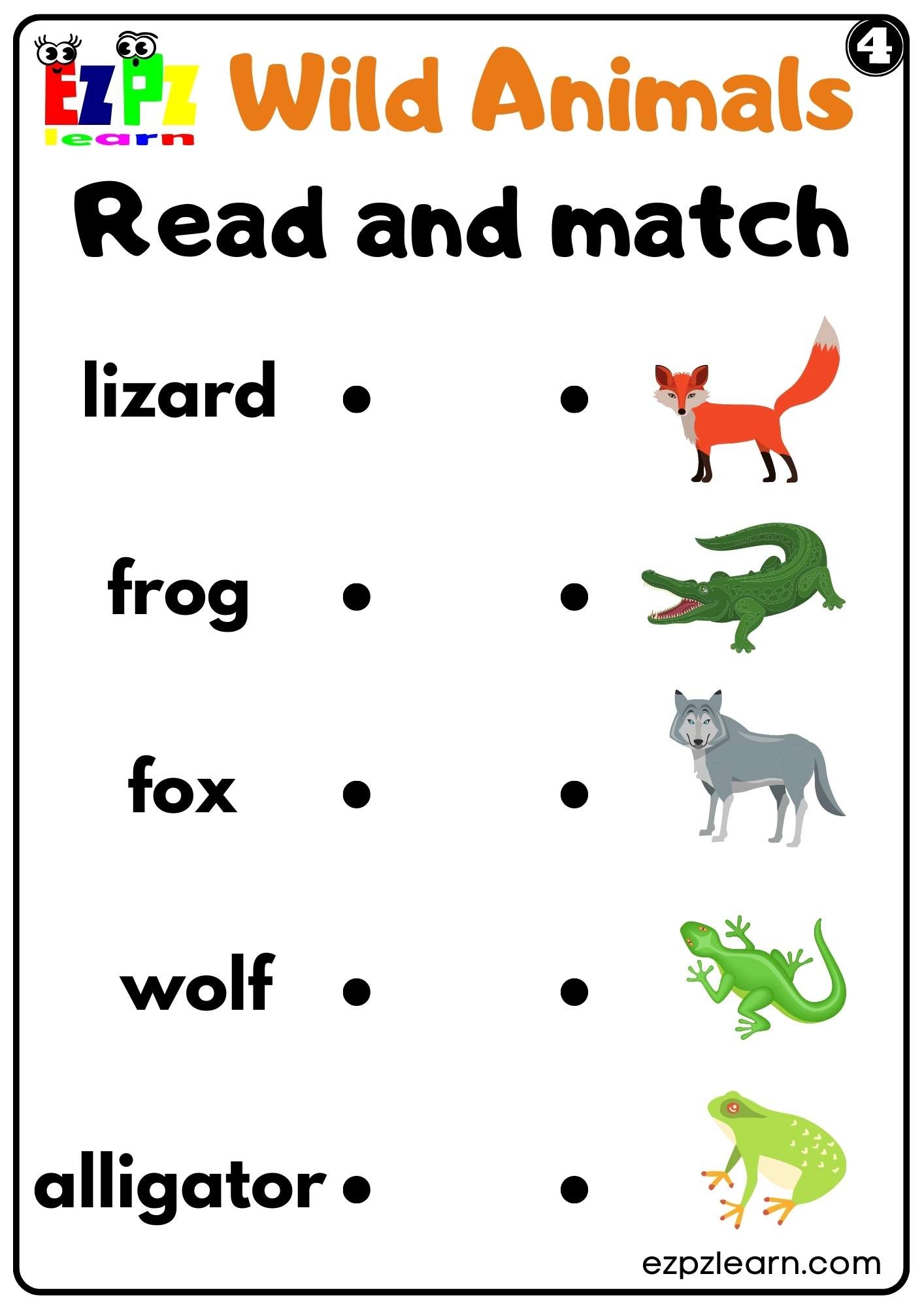 Wild Animals Read And Match Worksheet For Kids And ESL PDF Download Set 