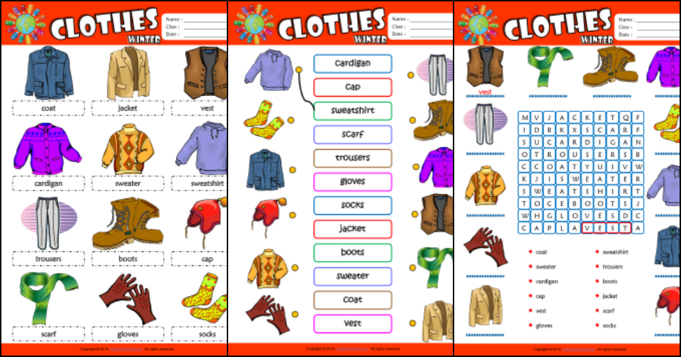 Winter Clothes ESL Printable Worksheets For Kids 1 Worksheets Library