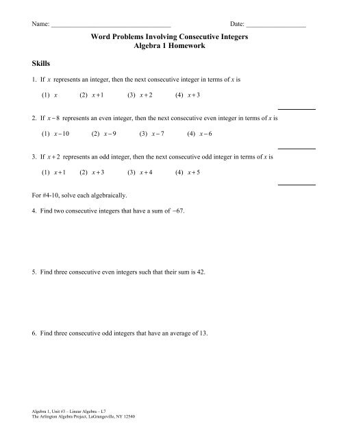 Word Problems Involving Consecutive Integers Algebra 1 Worksheets