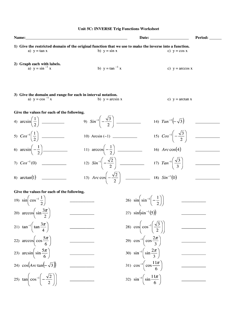 Worksheet Inverse Trigonometric Functions 3 Trigonometry Printable