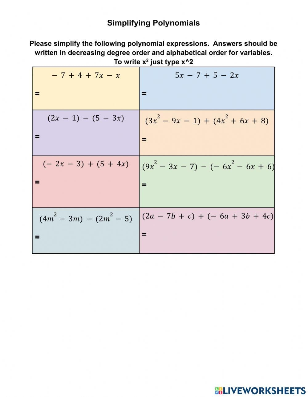 simplifying polynomials worksheet