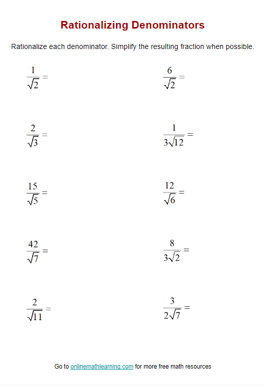 Worksheet Rationalizing The Denominator Algebra Printable 