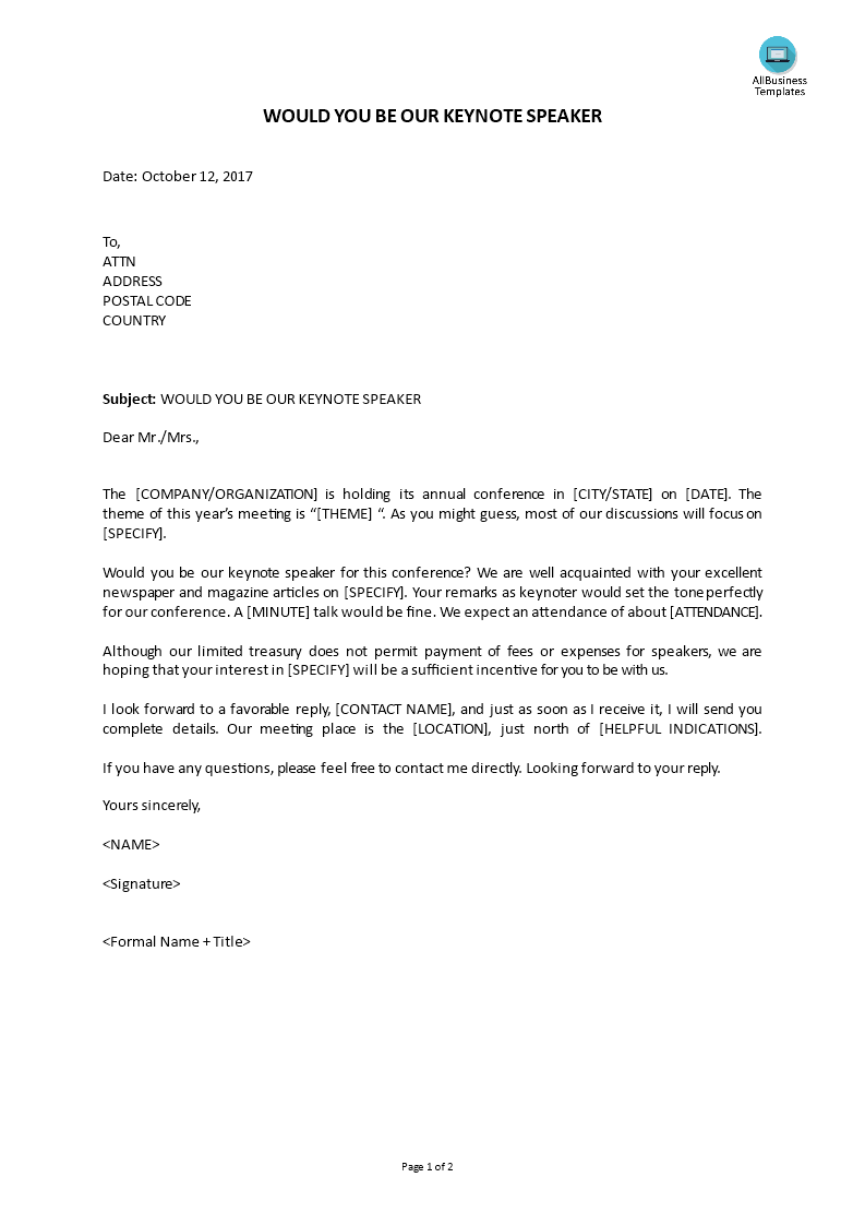 Would You Be Our Keynote Speaker Invitation Letter Templates At 