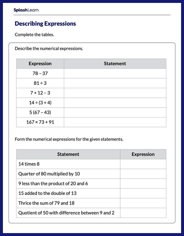 Write And Interpret Numerical Expressions Math Worksheets 