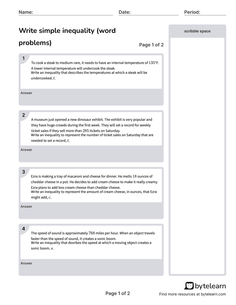 Write Simple Inequality Word Problems Worksheets PDF 6 EE B 8 