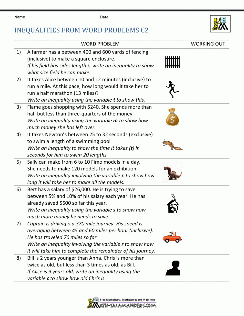 Writing An Inequality From A Word Problem Worksheets Library