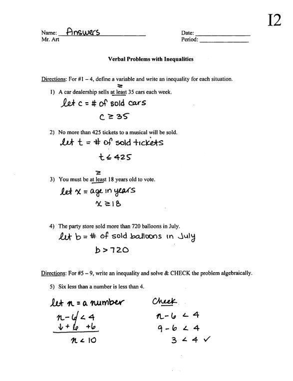 Writing An Inequality From A Word Problem Worksheets Library
