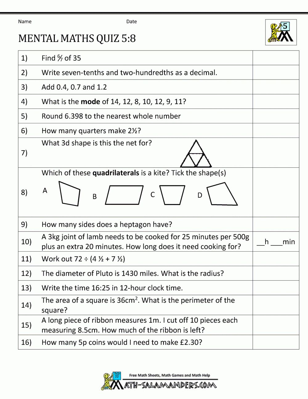 mental maths worksheets