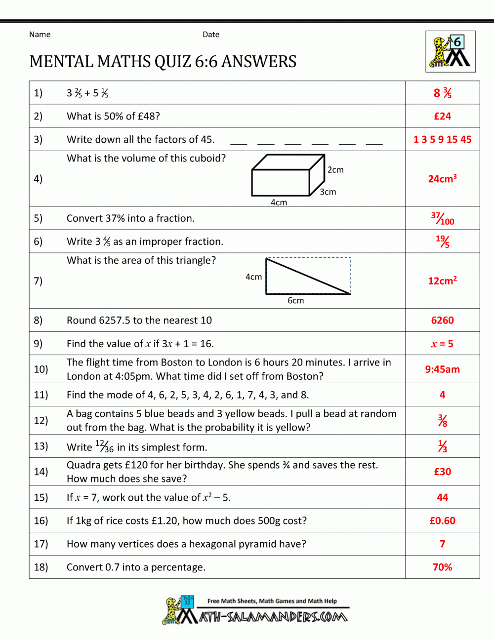 Year 6 Maths Worksheets